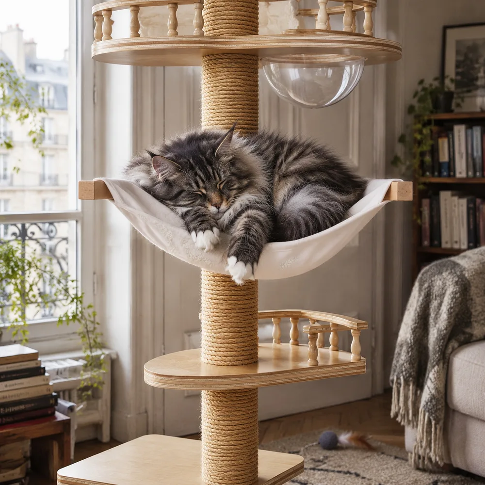 Un Maine Coon endormi dans le hamac en toile de l’arbre à chat
