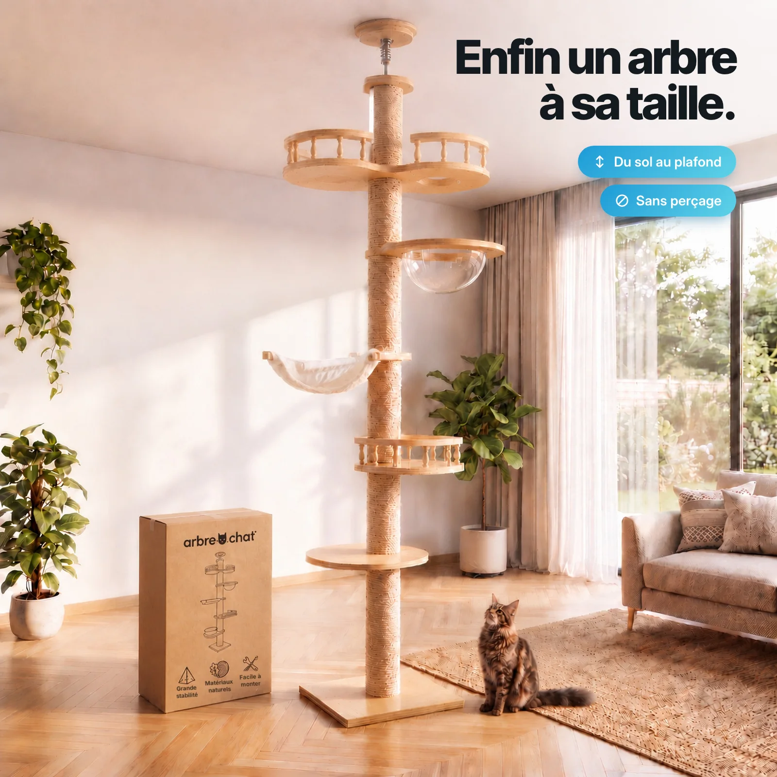 L’arbre à chat monté du sol au plafond dans un salon lumineux, un Maine Coon assis à côté de son carton