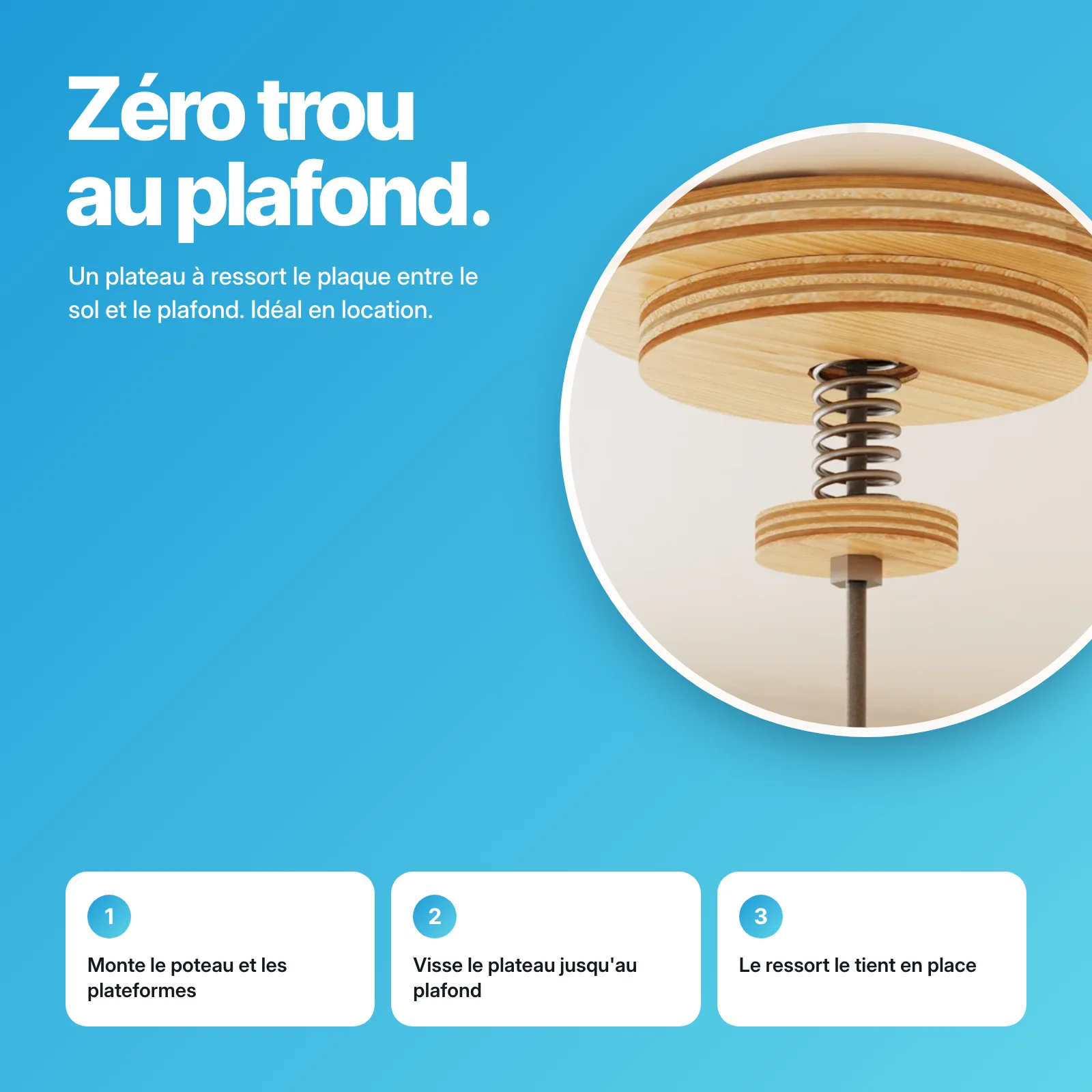 Gros plan sur le plateau à ressort qui tient l'arbre au plafond sans perçage, et les 3 étapes de pose